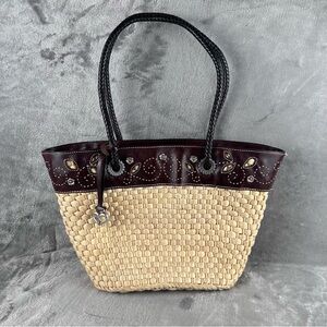 Brighton Tan Woven Straw Tote with Dark Brown Leather Trim